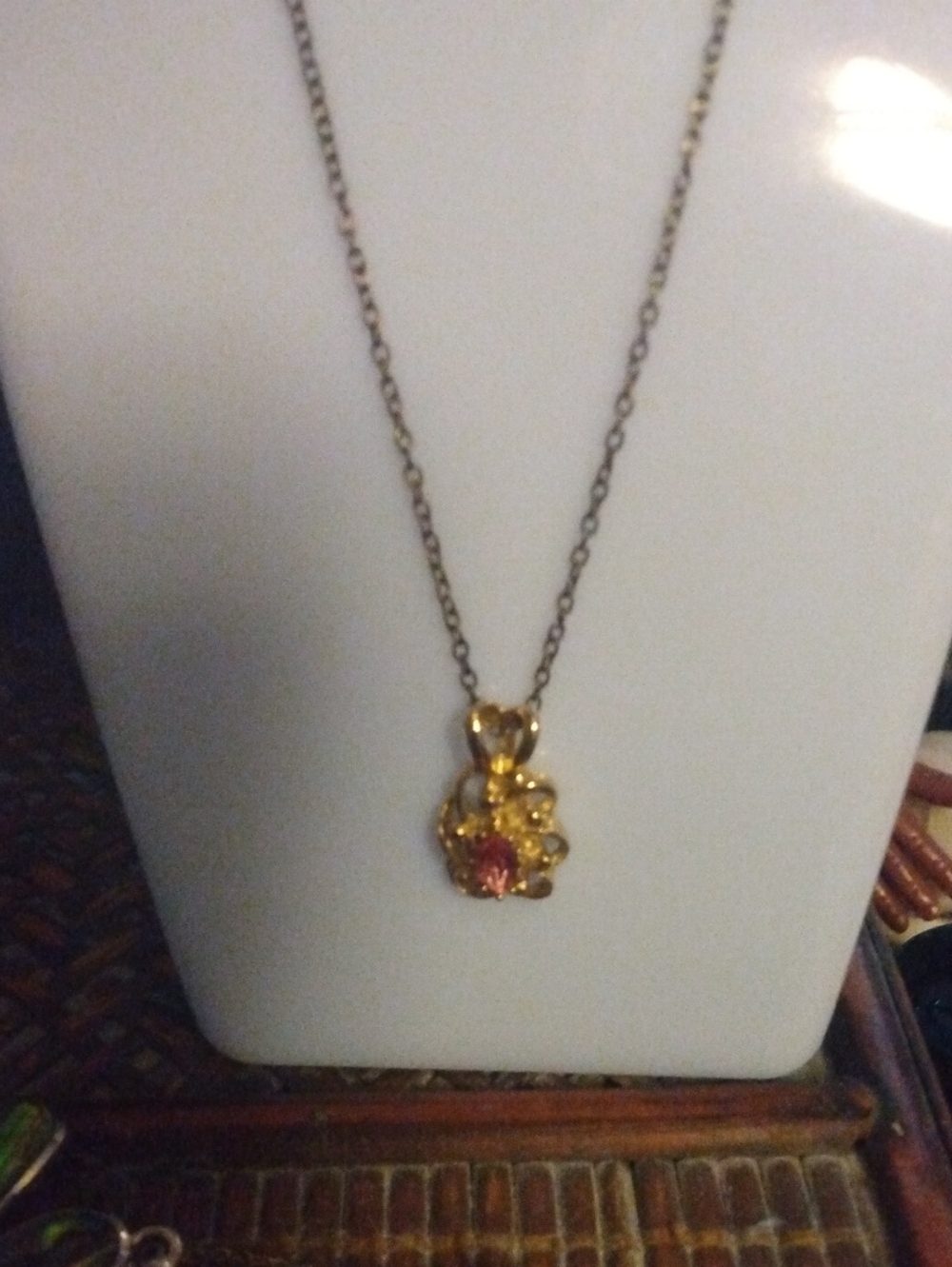 Gold Tone Pendant Necklace with Pink Gemstone vintage